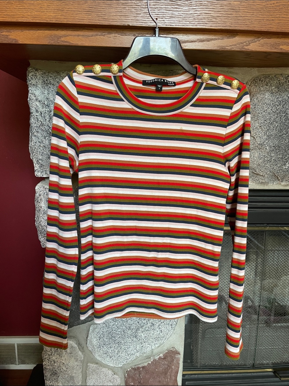 Veronica Beard Striped Long-Sleeve Top with Gold Shoulder Buttons